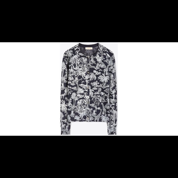 Tory Burch Far and Away Printed Cardigan in Navy - Picture 1 of 2